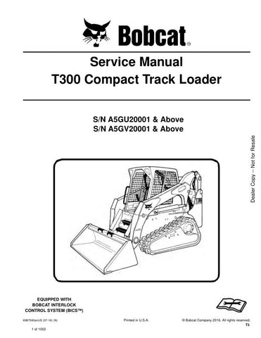Enhance your Bobcat T300's performance and longevity with the comprehensive Loader Service Manual (Part No. 6987045). This PDF file is designed specifically for models A5GU20001, A5GV20001, and up, providing you with detailed maintenance procedures, troubleshooting tips, and repair guidelines. With easy navigation and clear illustrations, this manual empowers you to tackle any service task confidently, ensuring your equipment runs smoothly and efficiently. Invest in your machinery's upkeep and save on costl