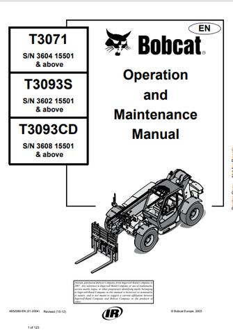 Discover the comprehensive operation and maintenance manual for BOBCAT T3071, T3093S, and T3093CD. Download the PDF file for essential guidance.