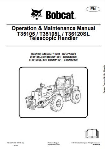 Discover the comprehensive operation and maintenance manual for BOBCAT T35105, T35105L, and T36120SL telescopic handlers. Download the PDF now!