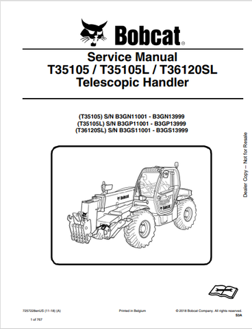  Access the comprehensive service manual for BOBCAT T35105, T35105L, and T36120SL telescopic handlers. Download the PDF file for expert maintenance guidance.