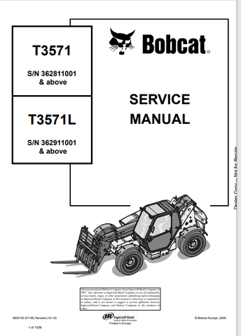 Access the comprehensive service manual for the BOBCAT T3571 and T3571L. Download the PDF file (4852150) for detailed maintenance and repair guidance.