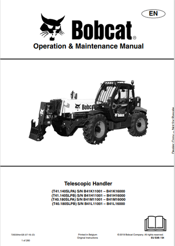 Discover the comprehensive operation and maintenance manual for BOBCAT T41.140SLPA, T41.140SLPB, T40.180SLPA, and T40.180SLPB telescopic handlers in PDF format.