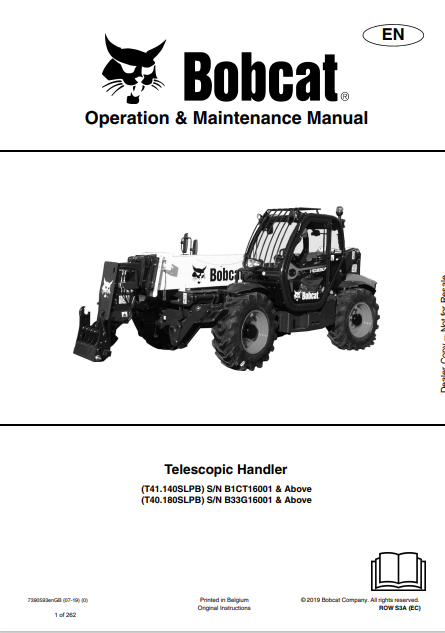  Discover the comprehensive operation and maintenance manual for the BOBCAT T41.140SLPB and T40.180SLPB telescopic handlers. Download the PDF now!