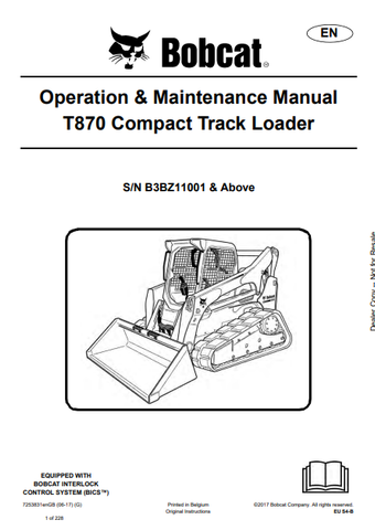 Discover the comprehensive operation and maintenance manual for the Bobcat T870 Compact Track Loader. Download the PDF file (7253831) for essential insights.
