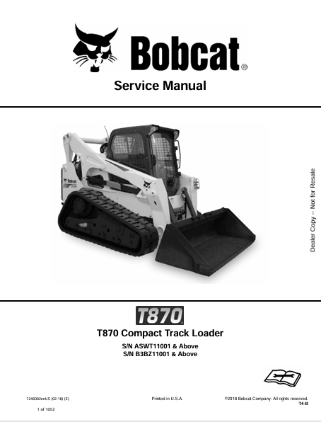 Discover the comprehensive service manual for the Bobcat T870 Compact Track Loader (7248302). Download the PDF for expert maintenance and repair guidance.