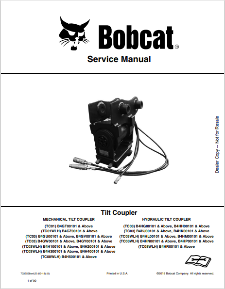  Discover the comprehensive service manual for BOBCAT tilt couplers TC01, TC03, and TC08WLH. Download the PDF for expert guidance and maintenance tips.