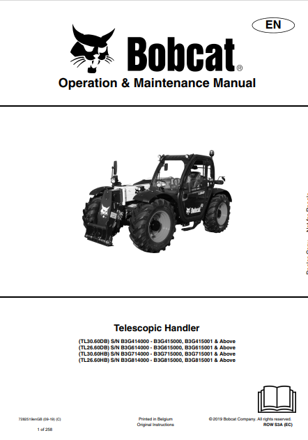 Discover the comprehensive operation and maintenance manual for BOBCAT TL30.60DB, TL26.60DB, TL30.60HB, and TL26.60HB telescopic handlers. Download the PDF now.