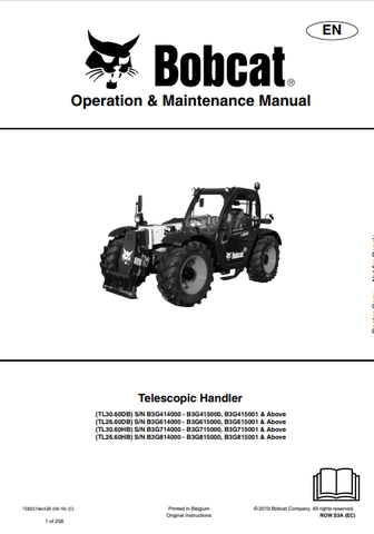 Discover the comprehensive operation and maintenance manual for BOBCAT TL30.60DB, TL26.60DB, TL30.60HB, and TL26.60HB telescopic handlers. Download the PDF now.