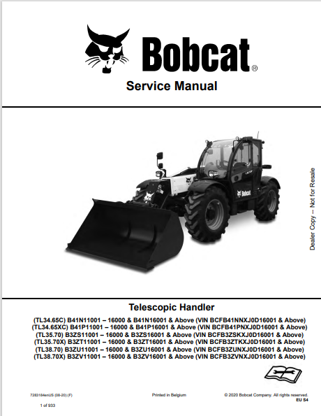 Discover the comprehensive service manual for BOBCAT TL34.65C, TL34.65XC, TL35.70, TL35.70X, TL38.70, and TL38.70X telescopic handlers. Download the PDF now.