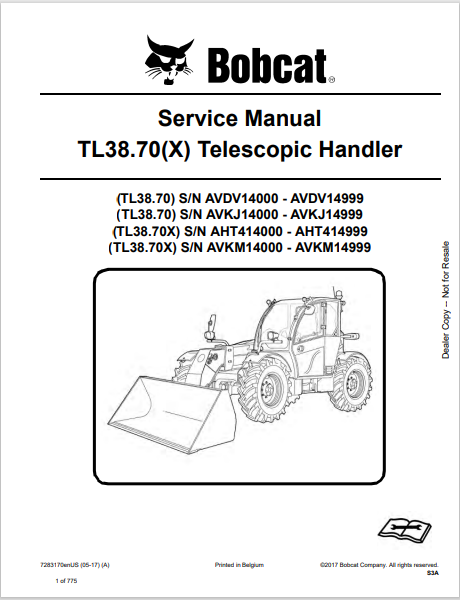 Discover the comprehensive service manual for BOBCAT TL38.70(X) telescopic handlers. Download the PDF file for essential maintenance and repair guidance.