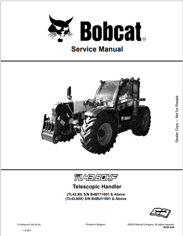 Discover the comprehensive service manual for BOBCAT TL43.80HF, TL43.80, and TL43.80X telescopic handlers. Download the PDF for expert maintenance guidance.