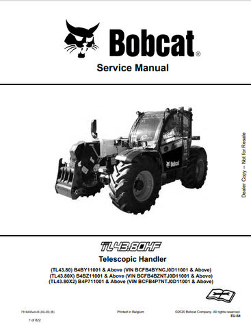 Discover the comprehensive service manual for BOBCAT TL43.80HF, TL43.80, TL43.80X, and TL43.80X2 telescopic handlers. Download the PDF for expert guidance.