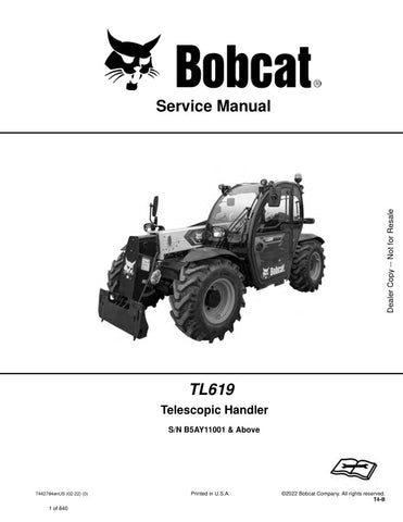 Enhance your maintenance capabilities with the BOBCAT TL619 Telehandler Service Manual (B5AY11001 & UP). This comprehensive PDF file, updated as of February 2022, provides detailed insights into the operation, troubleshooting, and repair of your telehandler, ensuring optimal performance and longevity. With easy navigation and clear illustrations, this manual is an essential resource for both professionals and DIY enthusiasts looking to keep their equipment in top shape. Don't miss out on the opportunity to 