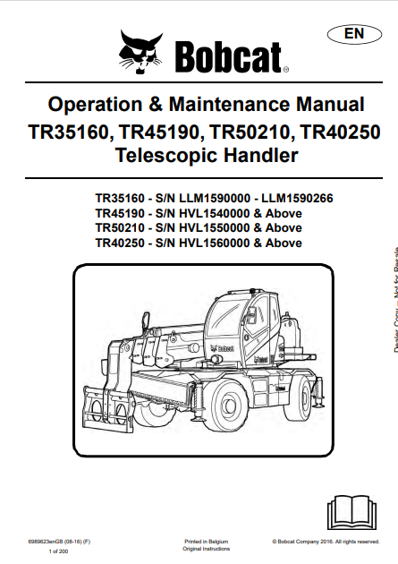 Discover the comprehensive operation and maintenance manual for BOBCAT telescopic handlers TR35160, TR45190, TR50210, and TR40250. Download the PDF now.