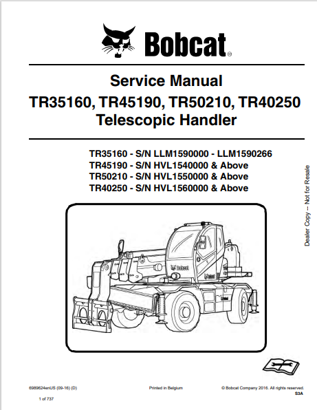  Discover the comprehensive service manual for BOBCAT TR35160, TR45190, TR50210, and TR40250 telescopic handlers. Download the PDF for expert guidance.