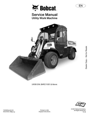 Unlock the full potential of your BOBCAT UW56 Utility Work Machine with the comprehensive Service Manual (Part Number: 7440683). This PDF file is an essential resource for maintenance and repair, providing detailed diagrams, troubleshooting tips, and step-by-step instructions to keep your machine running smoothly. Whether you're a seasoned technician or a DIY enthusiast, this manual ensures you have the knowledge and tools needed to tackle any service task with confidence. Invest in your equipment's longevi