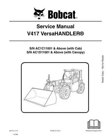 Enhance your maintenance and repair capabilities with the BOBCAT V417 Service Manual (6987144). This comprehensive PDF file covers models AC1C11001, AC1D11001, and up, providing detailed instructions, diagrams, and troubleshooting tips to ensure your equipment operates at peak performance. Perfect for technicians and DIY enthusiasts alike, this manual is an essential resource for anyone looking to extend the life of their BOBCAT machinery. Download your copy today and take the first step towards efficient a