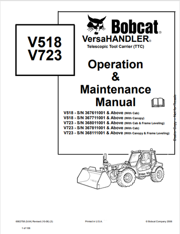  Discover the comprehensive operation and maintenance manual for BOBCAT V518 and V723 Versahandler Telescopic Tool Carrier. Download the PDF now!