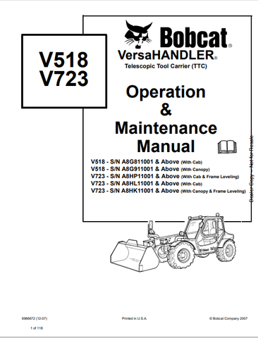 Discover the comprehensive operation and maintenance manual for BOBCAT V518 and V723 Versahandler Telescopic Tool Carrier. Download the PDF now!