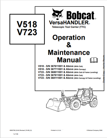 Discover the comprehensive operation and maintenance manual for BOBCAT V518 V723 Versahandler Telescopic Tool Carrier. Download the PDF for essential insights.