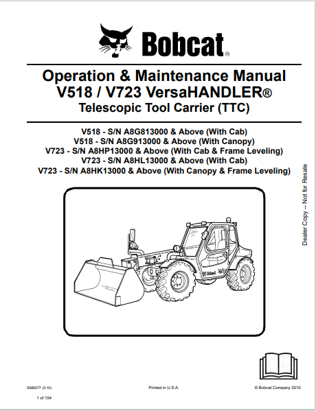 Discover the comprehensive operation and maintenance manual for the BOBCAT V518/V723 Versahandler Telescopic Tool Carrier. Download the PDF now for expert guidance.