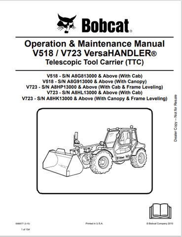 Discover the comprehensive operation and maintenance manual for the BOBCAT V518/V723 Versahandler Telescopic Tool Carrier. Download the PDF now for expert guidance.