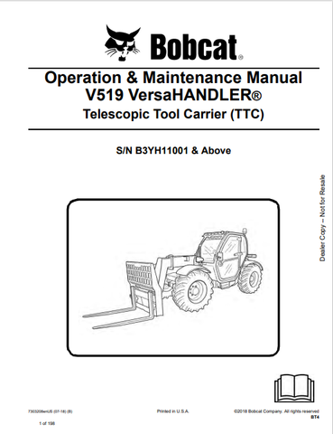 Discover the comprehensive operation and maintenance manual for the BOBCAT V519 Versahandler Telescopic Tool Carrier. Download the PDF for essential insights. 