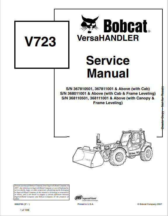  Discover the comprehensive service manual for the BOBCAT V723 Versahandler (6902760). Download the PDF for expert guidance and maintenance tips.