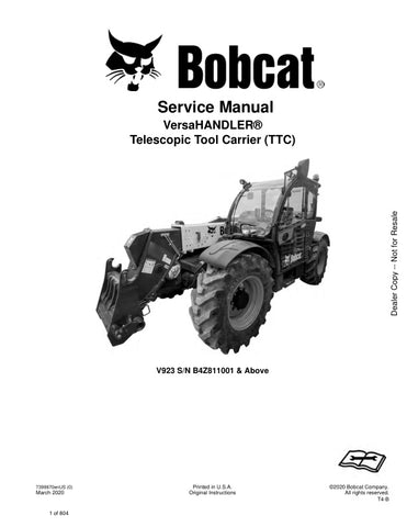The BOBCAT V923 B4Z811001 & UP SERVICE MANUAL (7399970) is an essential PDF resource for anyone looking to maintain or repair their Bobcat equipment. This comprehensive manual provides detailed instructions, diagrams, and troubleshooting tips to ensure your machine operates at peak performance. With easy navigation and clear visuals, you can quickly find the information you need, saving you time and money on repairs. Invest in this service manual today to enhance your equipment's longevity and reliability.