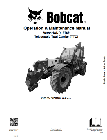 Discover the comprehensive operation and maintenance manual for the BOBCAT V923 Versahandler Telescopic Tool Carrier (TTC). Download the PDF now!