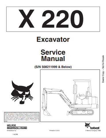 Discover the comprehensive service manual for the BOBCAT X 220 Excavator (6720230). Download the PDF for essential maintenance and repair guidance.
