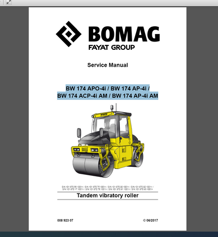 BOMAG BW 174 APO-4i, BW 174 AP-4i, BW 174 ACP-4i AM, BW 174 AP-4i AM Service Manual, Repair manual, Training manual Operating Manual