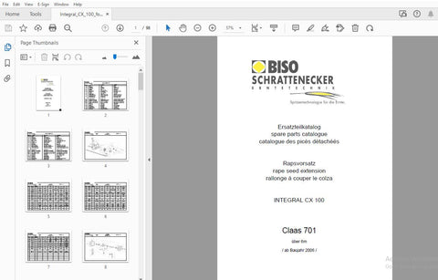 BISO INTEGRAL CX 100 CLAAS 701 RAPE SEED EXTENSION PARTS CATALOGUE MANUAL - PDF FILE