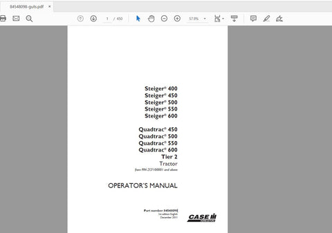 CASE IH TRACTOR STEIGER 400,450,500,550,600 QUADTRAC 450,500,550,600 TIER 2 84548098 OPERATOR’S MANUAL - PDF FILE