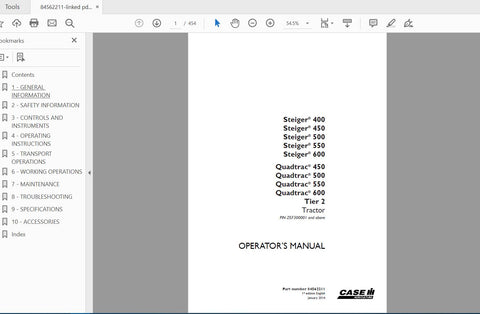 CASE IH TRACTOR STEIGER 400,450,500,550,600 QUADTRAC 450,500,550,600 TIER 2 84562211 OPERATOR’S MANUAL - PDF FILE