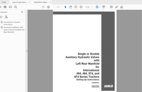 CASE IH TRACTOR SINGLE OR DOUBLE AUX HYDRAULIC VALVES ON 454,464,574,674 SERIES 1084536R3 OPERATOR’S MANUAL - PDF FILE