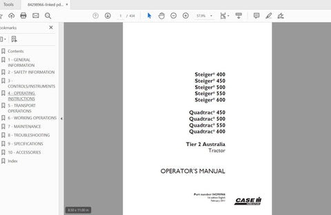 CASE IH TRACTOR STEIGER 400,450,500,550,600 QUADTRAC 450,500,550,600 TIER 2 AUSTRALIA 84298966 OPERATOR’S MANUAL - PDF FILE