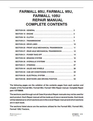 CASE IH 85U, 95U, 105U FARMALL TRACTOR SERVICE REPAIR MANUAL 87758616 - PDF FILE DOWNLOAD