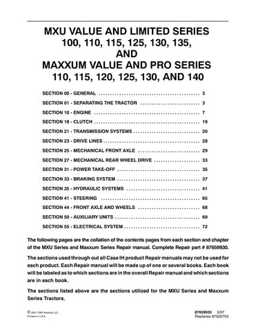 Unlock the full potential of your CASE MXU and MAXXUM Series tractors with the comprehensive Service Manual (Part No. 87659935) in PDF format. This essential guide provides detailed instructions, diagrams, and troubleshooting tips to ensure your tractor operates at peak performance. Whether you're a seasoned mechanic or a DIY enthusiast, this manual is designed to simplify maintenance and repairs, saving you time and money. Invest in your equipment's longevity and efficiency today!