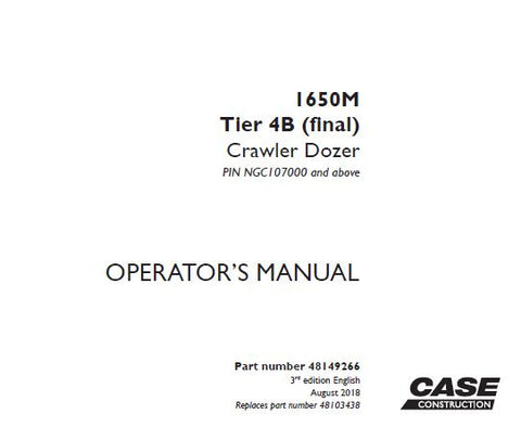 Discover the essential CASE 1650M Tier 4B (Final) Crawler Dozer Operator’s Manual and Parts Catalog, designed to enhance your operational efficiency and maintenance knowledge. This comprehensive PDF file serves as a vital resource for operators and technicians, providing detailed insights into the dozer's features, functions, and specifications.