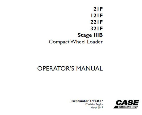 Discover the essential CASE 21F / 121F / 221F / 321F Stage IIIB Compact Wheel Loader Operator’s Manual, designed to enhance your operational efficiency and safety. This comprehensive PDF file serves as a vital resource for both new and experienced operators, providing detailed instructions and insights into the features and functionalities of your loader.