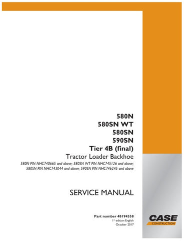 Enhance your maintenance capabilities with the CASE 580N, 580SN WT, 580SN, 590SN Tier 4B (Final) Service Manual (Part No. 48194558). This comprehensive PDF file is your go-to resource for detailed service procedures, troubleshooting tips, and specifications tailored for these powerful CASE models. With clear illustrations and step-by-step instructions, you can ensure optimal performance and longevity of your equipment, making it an essential tool for both professionals and DIY enthusiasts. Invest in this se