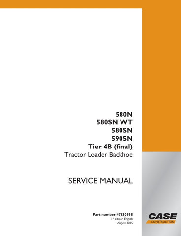 Discover the ultimate resource for maintaining your CASE 580N, 580SN WT, and 590SN Tier 4B (Final) Tractor Loader Backhoe with our comprehensive service manual (PDF file, part number 47830958). This expertly crafted guide provides detailed instructions, diagrams, and troubleshooting tips to ensure your equipment operates at peak performance. Whether you're a seasoned professional or a DIY enthusiast, this manual is essential for efficient repairs and maintenance, helping you save time and money while extend