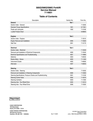  Enhance your forklift maintenance with the CASE 585G, 586G, and 588G Service Manual (7-14851) in PDF format. This comprehensive guide provides detailed instructions, diagrams, and troubleshooting tips to ensure your equipment operates at peak performance. Perfect for technicians and operators alike, this manual is an essential resource for efficient repairs and maintenance, saving you time and reducing downtime. Invest in your machinery's longevity and reliability with this indispensable service manual tod