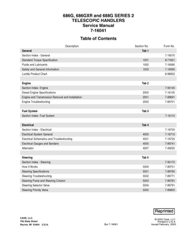 Introducing the CASE 686GXR, 686G, 688G Series 2 Telescopic Handler Service Manual (Part No. 7-16041), your essential guide for maintaining and servicing your telescopic handler. This comprehensive manual is designed to provide you with detailed instructions, diagrams, and specifications to ensure optimal performance and longevity of your equipment.