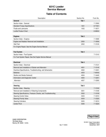 The CASE 821C Loader Service Manual (Part No. 7-13053) is an essential resource for maintaining and troubleshooting your equipment. This comprehensive PDF file provides detailed instructions, diagrams, and specifications to ensure optimal performance and longevity of your loader. With easy navigation and clear visuals, you can quickly access the information you need to keep your machine running smoothly. Invest in this manual today to enhance your operational efficiency and reduce downtime.