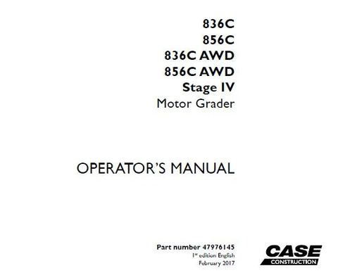 Discover the essential CASE 836C / 856C / 836C AWD / 856C AWD Stage IV Motor Grader Operator’s Manual, designed to enhance your operational efficiency and ensure optimal performance. This comprehensive PDF file serves as a vital resource for operators, providing detailed instructions and insights into the features and functionalities of your motor grader.