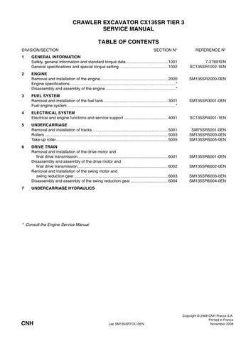 Unlock the full potential of your CASE CX135SR Tier 3 Crawler Excavator with the comprehensive Service Manual (SM135SRTOC-0EN) in PDF format. This essential guide provides detailed insights into maintenance, troubleshooting, and repair procedures, ensuring your machine operates at peak performance. With easy navigation and clear illustrations, you can quickly find the information you need to keep your excavator running smoothly and efficiently. Invest in this invaluable resource today and enhance the 