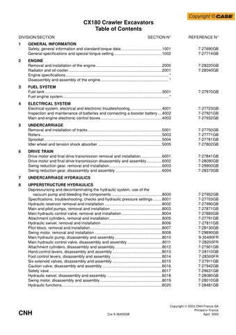 Unlock the full potential of your CASE CX180 Crawler Excavator with our comprehensive Service Manual (9-36400) in PDF format. This essential guide provides detailed instructions, schematics, and troubleshooting tips to ensure optimal performance and maintenance of your equipment. With easy navigation and clear illustrations, you can quickly find the information you need to keep your excavator running smoothly and efficiently. Invest in this invaluable resource today and enhance the longevity and reliability
