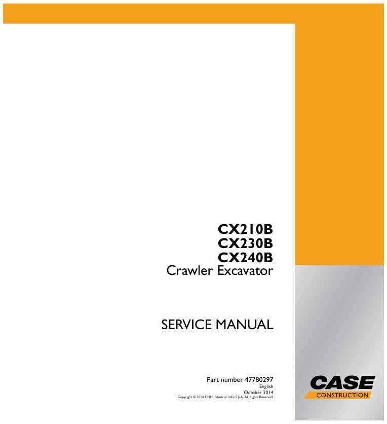 Unlock the full potential of your CASE CX210B, CX230B, and CX240B Crawler Excavators with the comprehensive Service Manual (47780297) in PDF format. This essential resource provides detailed maintenance guidelines, troubleshooting tips, and repair procedures to keep your machinery running smoothly and efficiently. With easy navigation and clear illustrations, this manual is designed for both seasoned professionals and DIY enthusiasts, ensuring you have the knowledge to tackle any challenge. Invest in your 